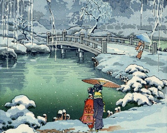 土屋光逸による日本の版画「京都円山 春の雪」、木版画、ジクレー