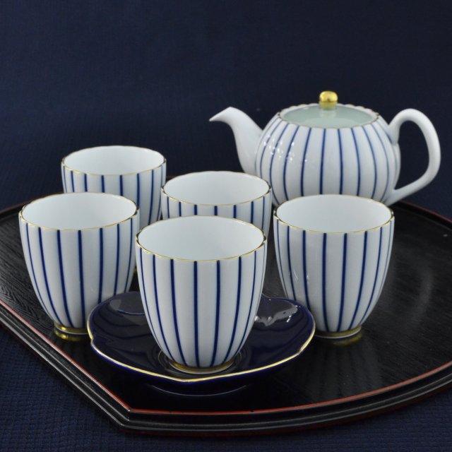 青藍縞紋）茶器セット（急須・湯のみセット）|有田焼の老舗-香蘭社